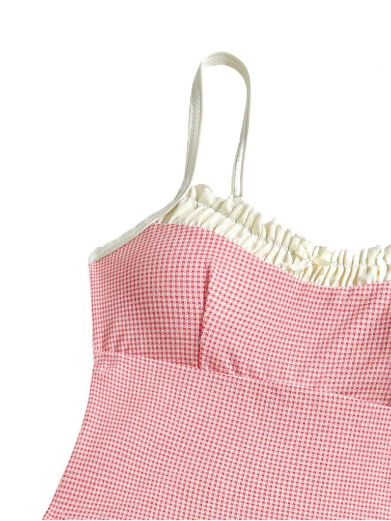 Red 1950s Checkered Lace Trim Tankini Set