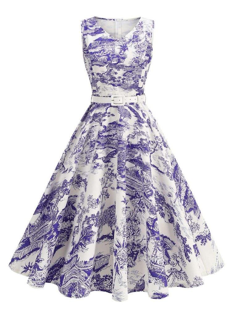 1950s Porcelain Landscape Sleeveless Belted Dress
