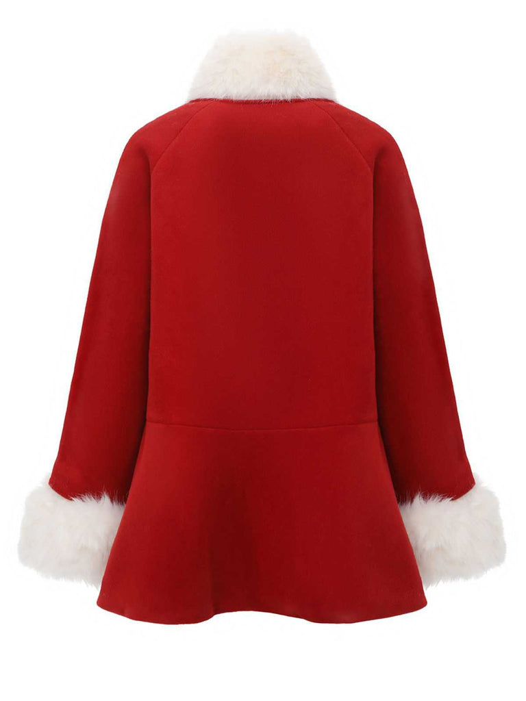 Red 1980s Faux Fur Trim Crystal Button Coat