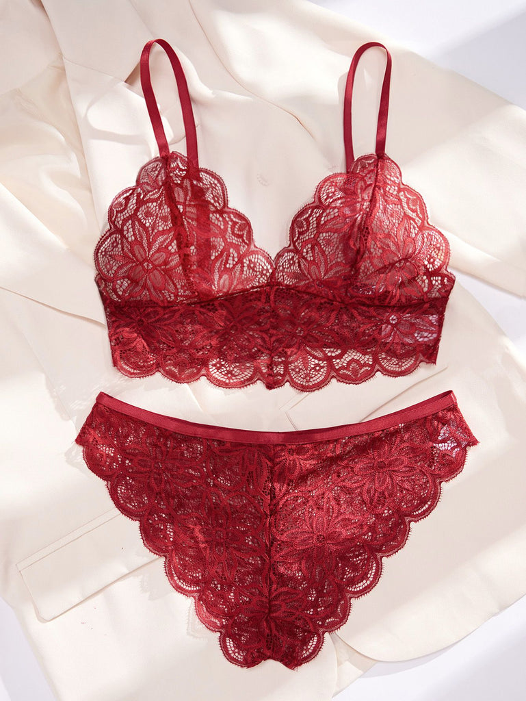 Wine Red 1950s Floral Lace Lingerie Set