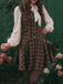Brown 1960s Plaid Bow Tie Button Swing Dress
