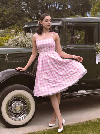 Pink 1950s Spaghetti Strap Plaid Swing Dress