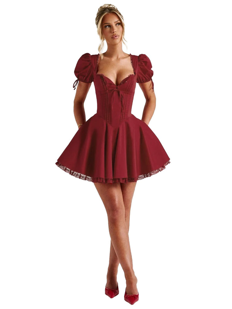 Red 1960s Solid Puff Sleeve Lace-up Dress