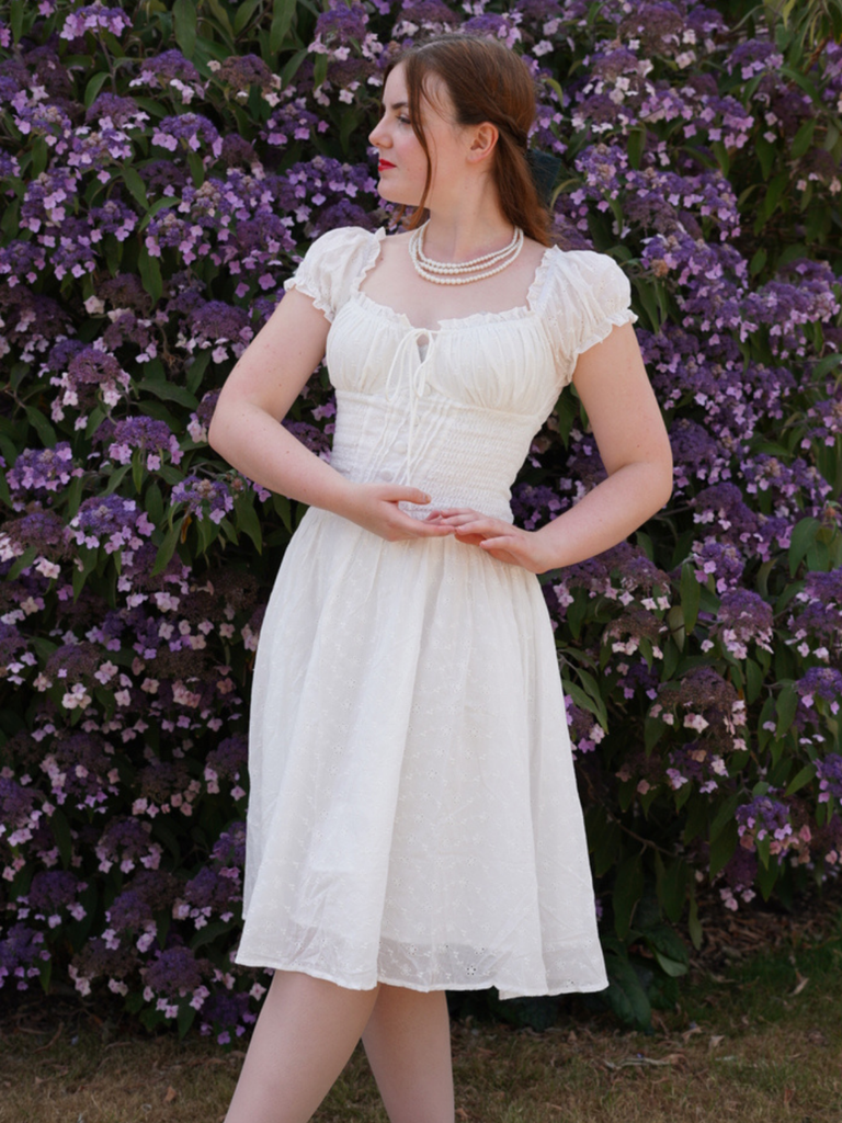 White 1940s Solid Cotton Embroidered Lace Dress
