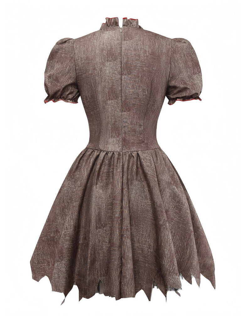 Brown 1960s Halloween Heart Patch Evil Doll Tattered Dress
