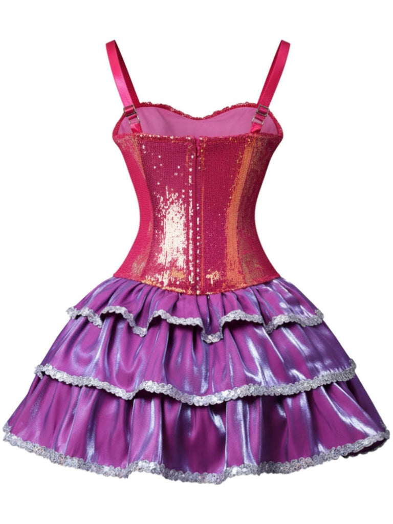 Pink 1960s Barbie Sequin Strap Ruffled Dress