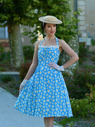 Blue 1950s Halter Lace Daisy Dress