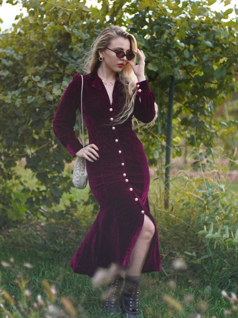 Red 1930s Velvet Pearl Lantern Sleeve Mermaid Dress
