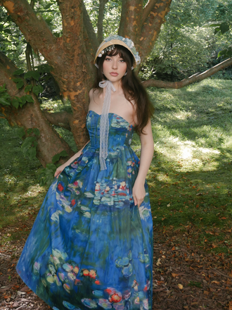 Blue 1950s Water Lily Sweetheart Strapless Dress