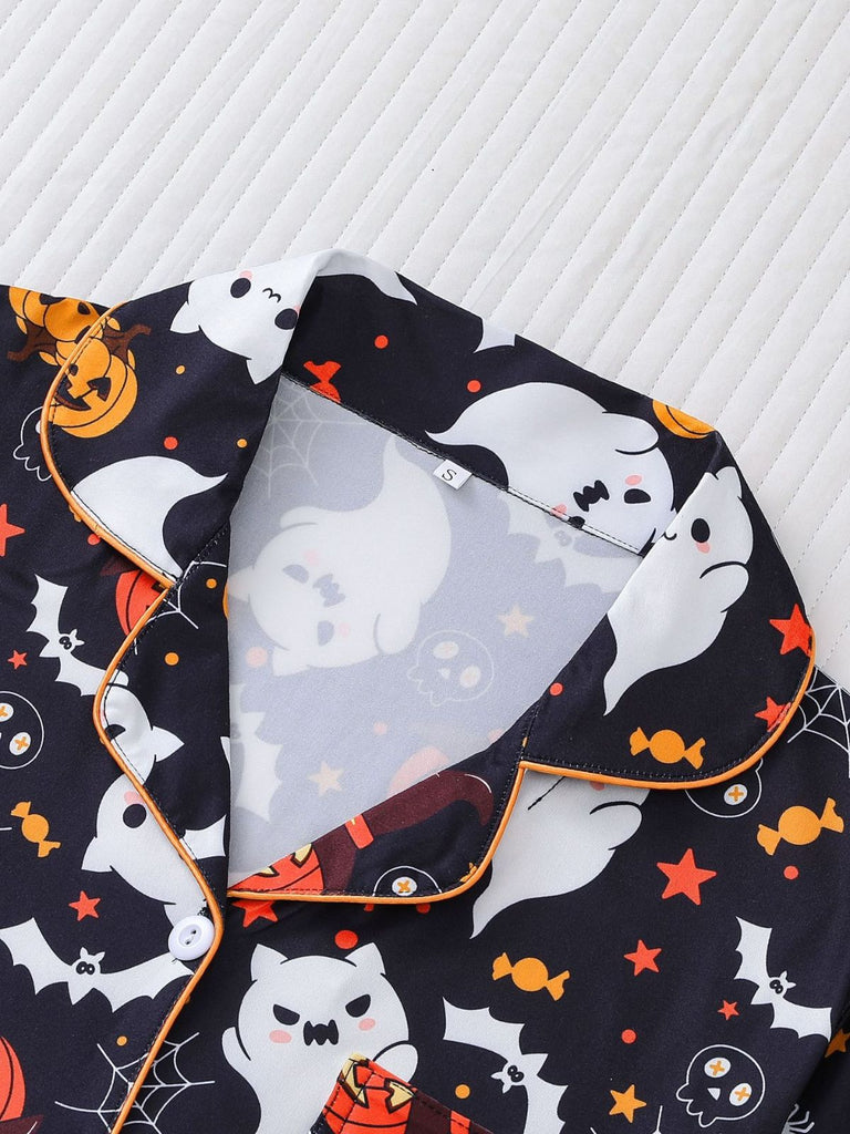 Black 1950s Halloween Print Notched Collar Pajama Set