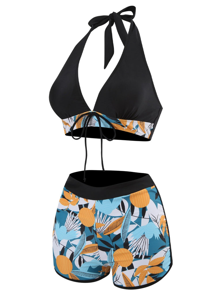 1970s V-Neck Tropical Plants Halter Swimsuit