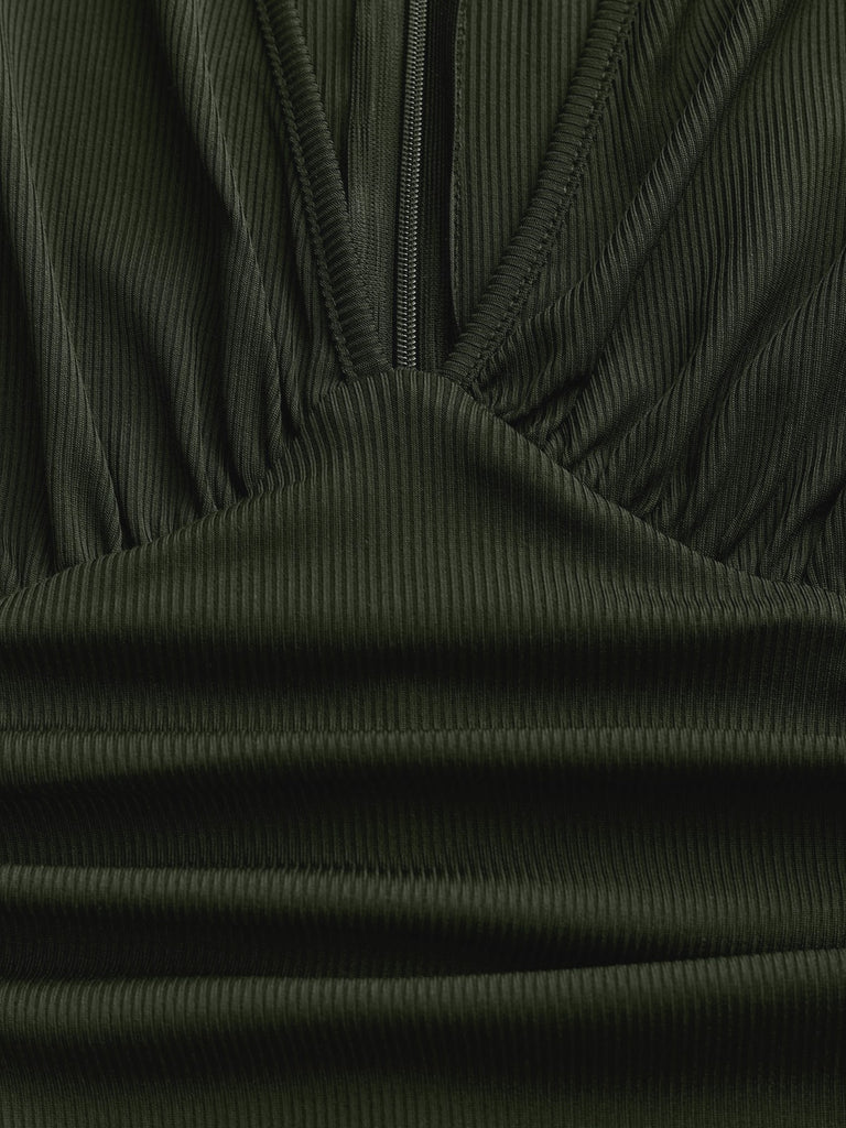 Olive Green 1950s V-Neck Sheer Polka Dot Sleeve Jumpsuit