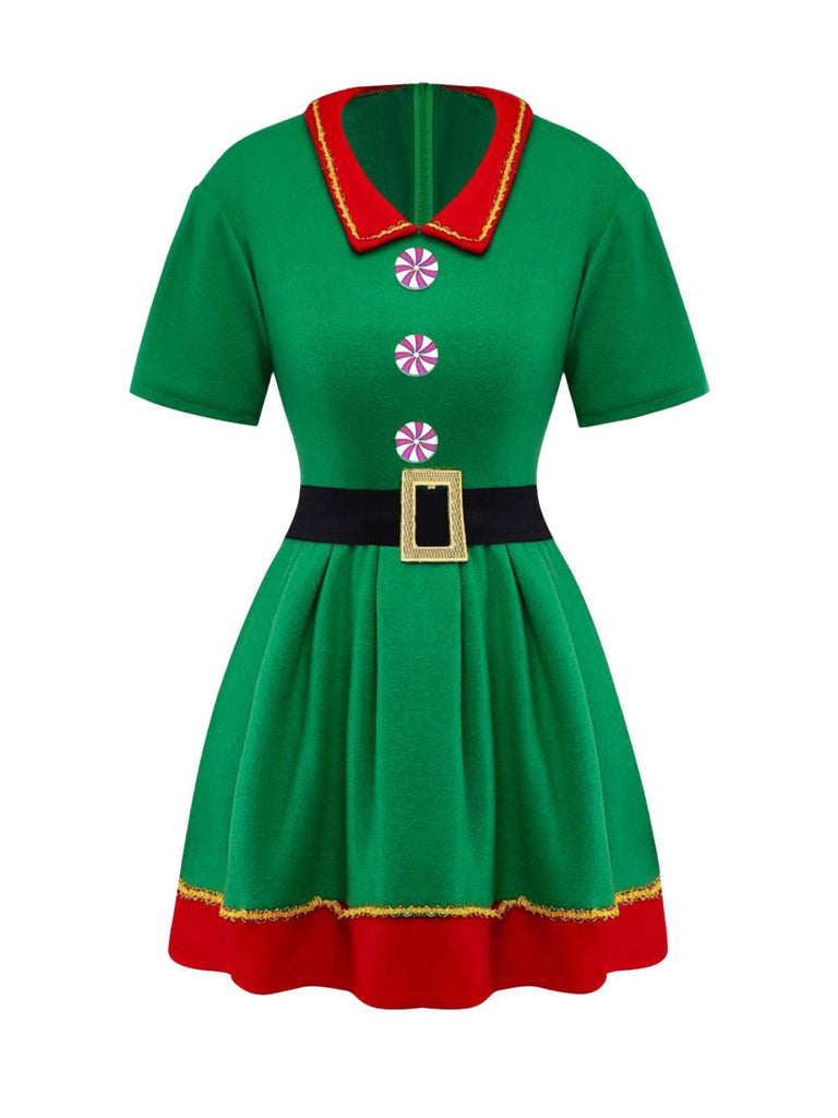 Green 1960s Christmas Elf Cosplay Costume Dress Set