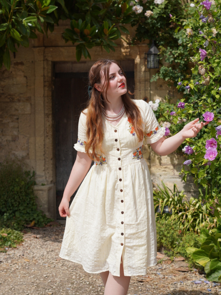 Pure Cotton Beige 1940s V-Neck Floral Dress