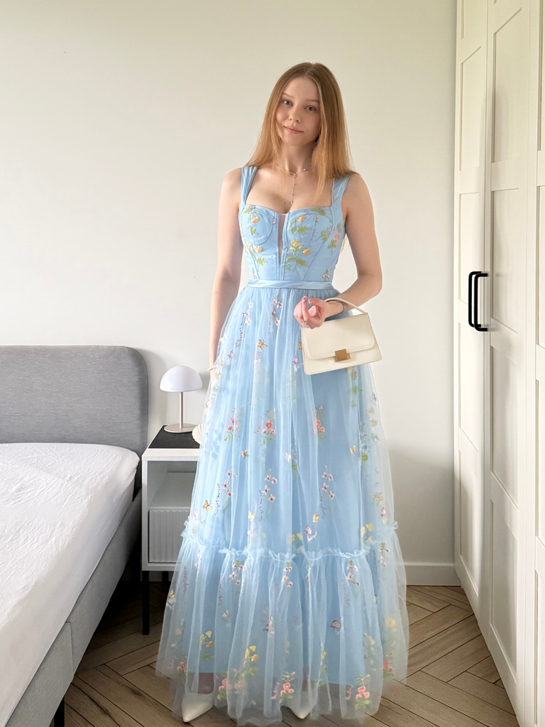Light Blue 1930s Floral Mesh Boned Lace-Up Dress