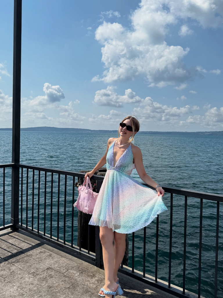 Y2K Rainbow Sequins Deep V-Neck Backless Dress