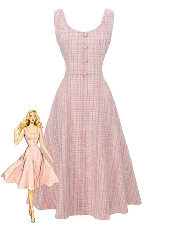 Pink 1940s Tweed Button-Front Midi Dress