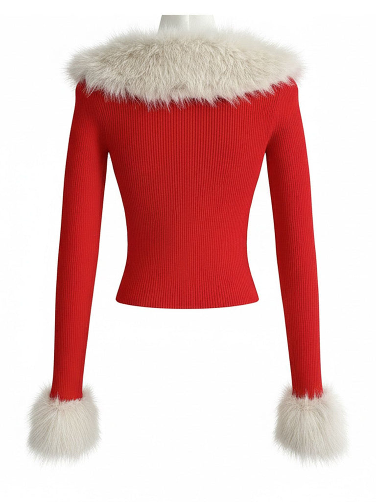 Red 1980s Detachable Fur Collar Tie Knit Cardigan