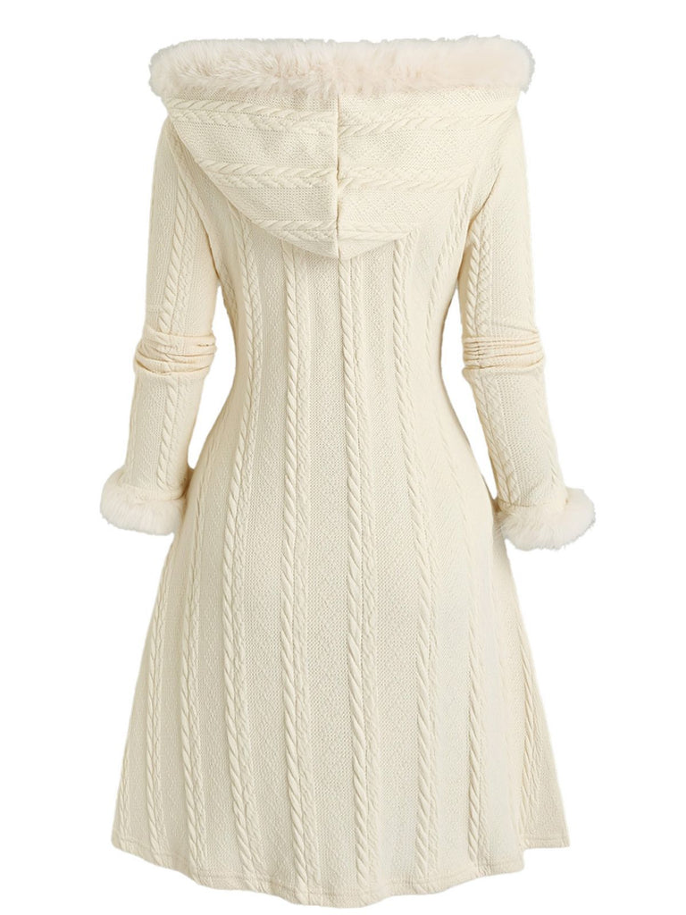 [Plus Size] Ivory 1950s Knit Fur Trimmed Hooded Coat
