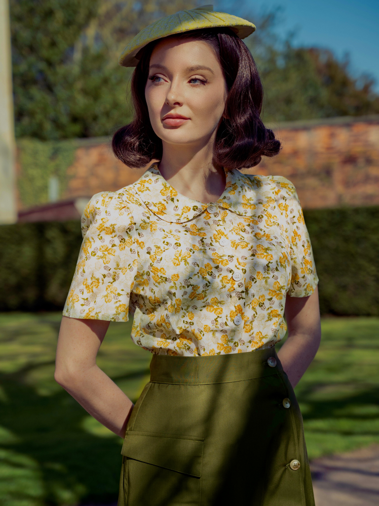 2PCS 1940s Peter Pan Collar Floral Blouse & Slit Skirt