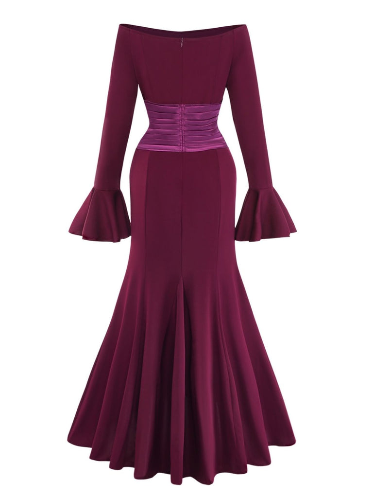 1930s Solid Off-Shoulder Pleated Bell Sleeve Dress