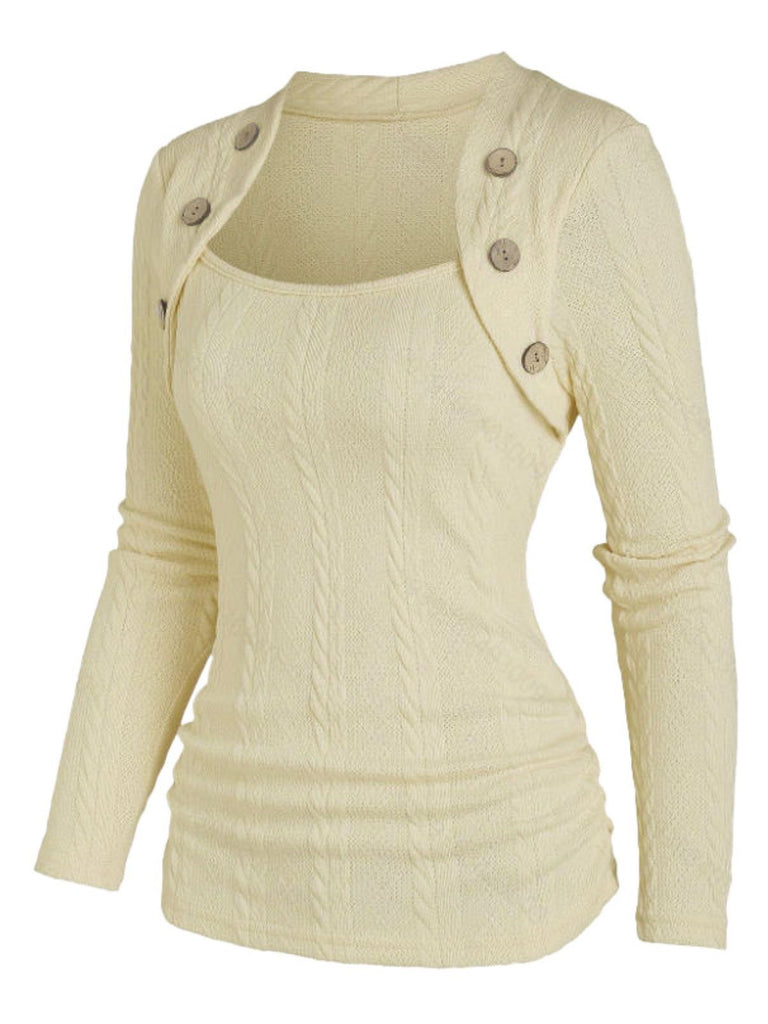 Beige 1960s Solid Faux Button Knitted Sweater