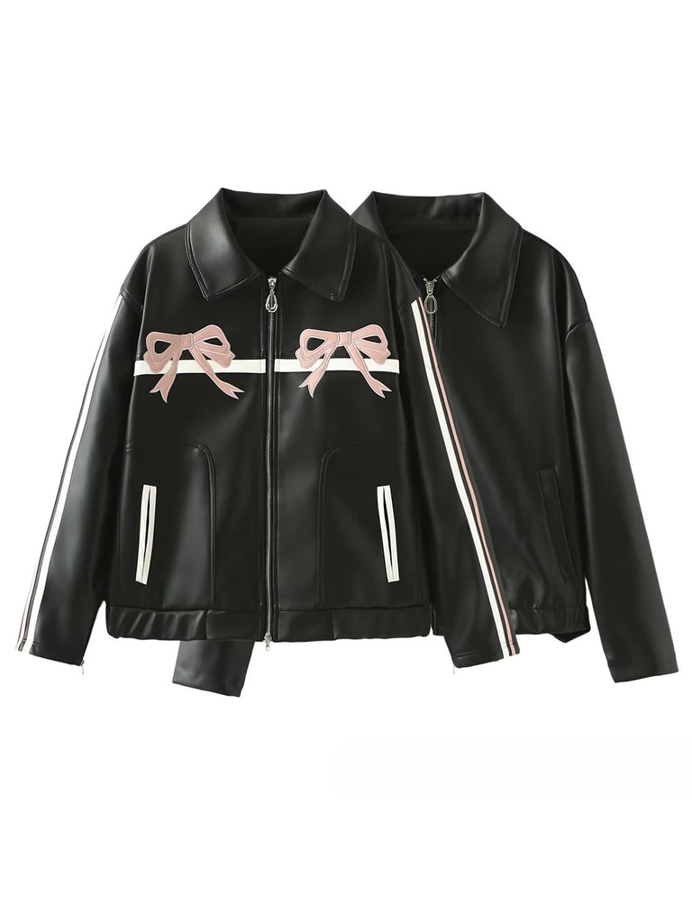Black 1970s Leather Bow Lapel Jacket