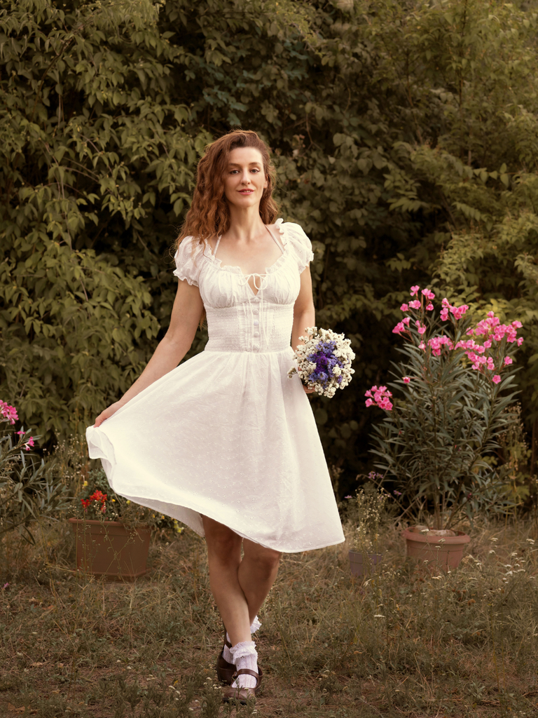 White 1940s Solid Cotton Embroidered Lace Dress