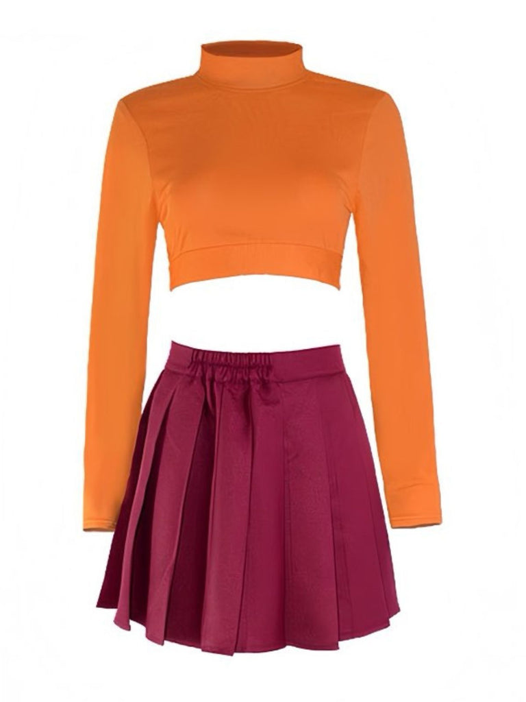 2PCS Orange & Red 1960s Velma Top & Skirt