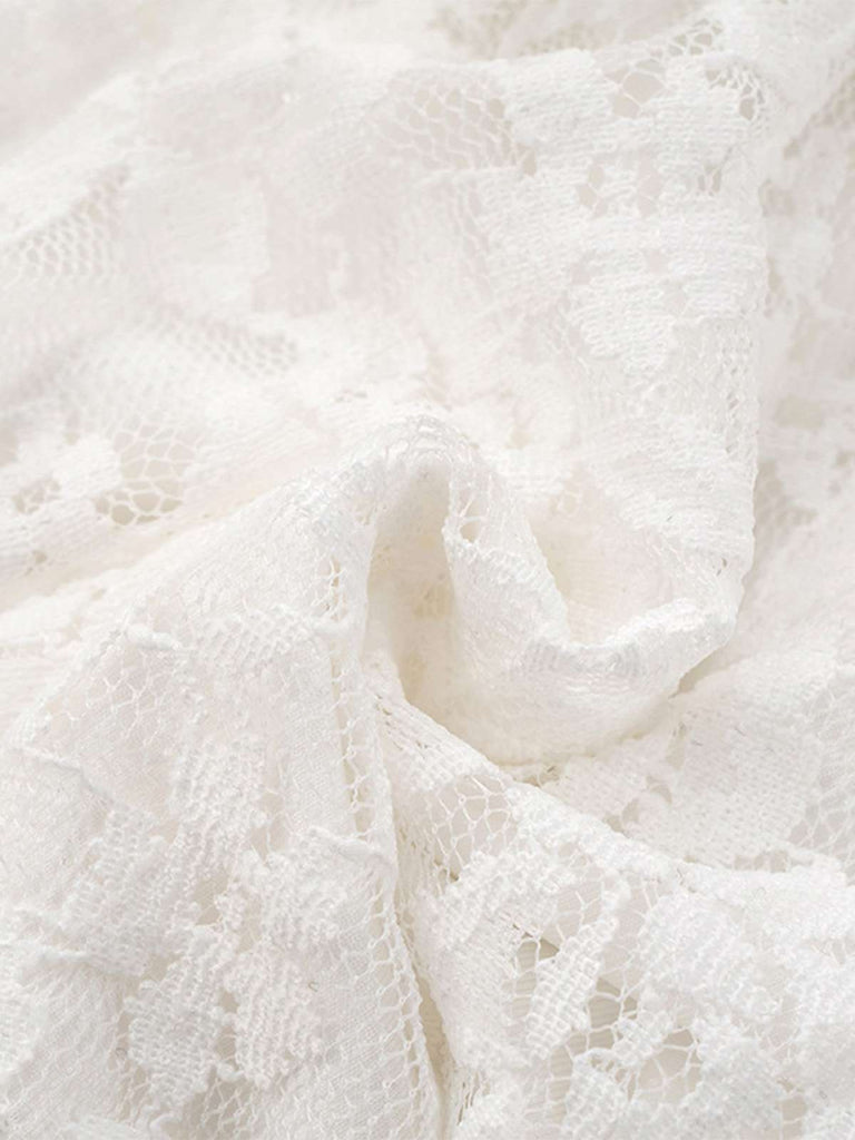 1980s Lace Ribbon Tie Ruffle Bell-Sleeve Dress