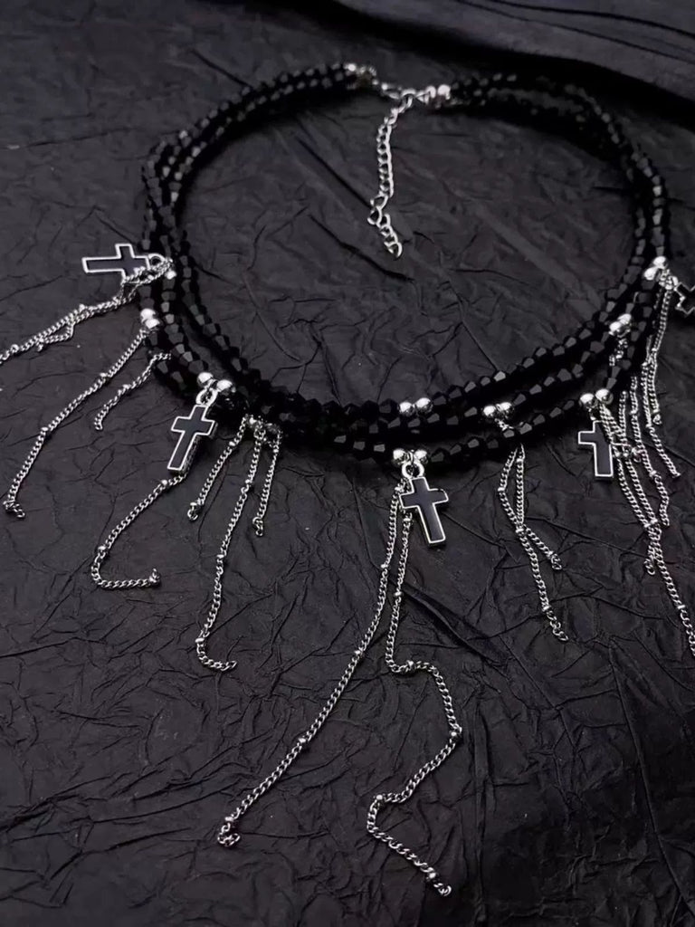 Gothic Fringe Cross Charms Layered Bead Necklace