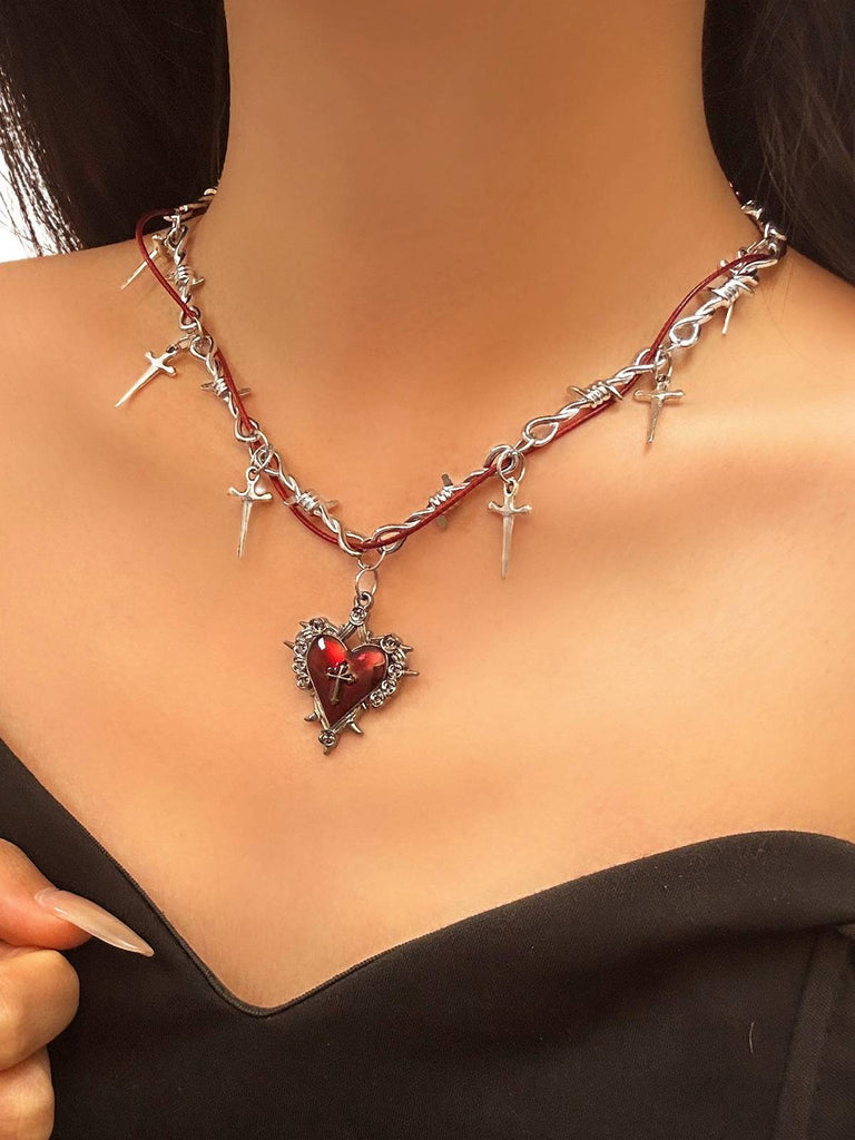 Vintage Wine Red Heart Cross Necklace