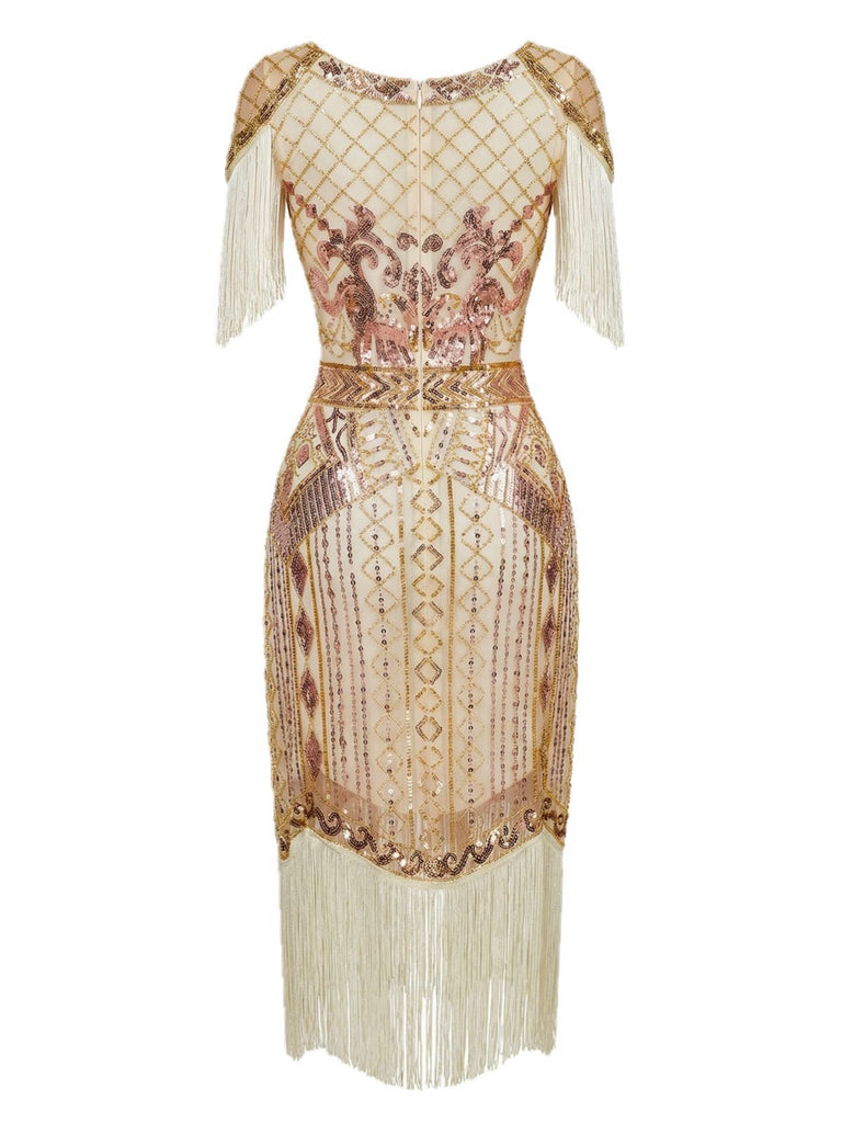1920s Sequin Fringe Flapper V-Neck Dress