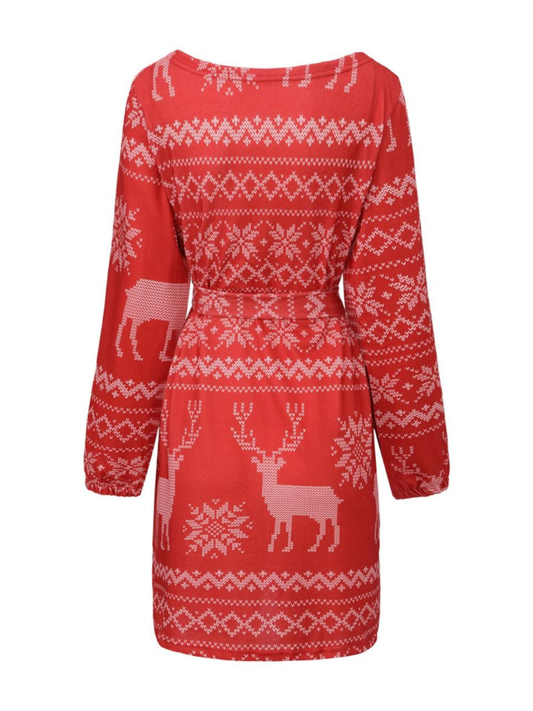 Red 1960s Christmas Reindeer Snowflake Belted Dress