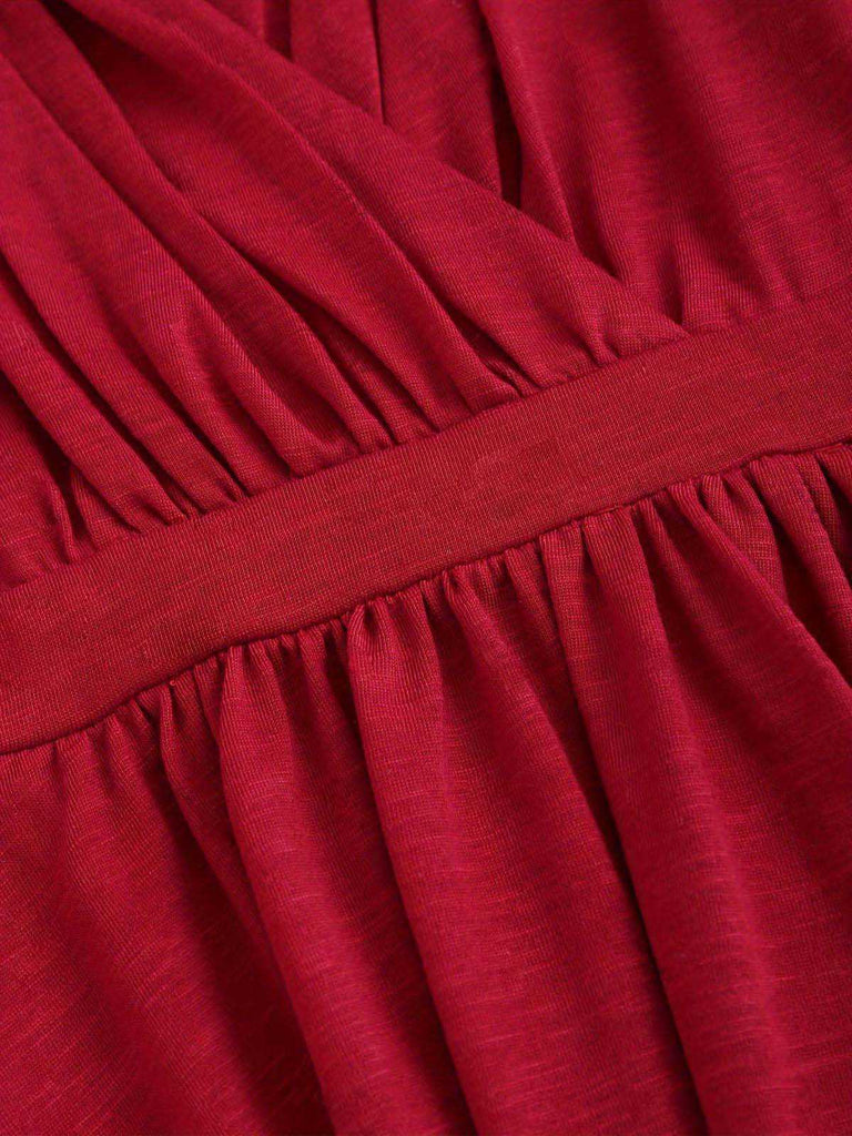 [Plus Size] Deep Red 1970s Batwing Sleeve Ruffled Top