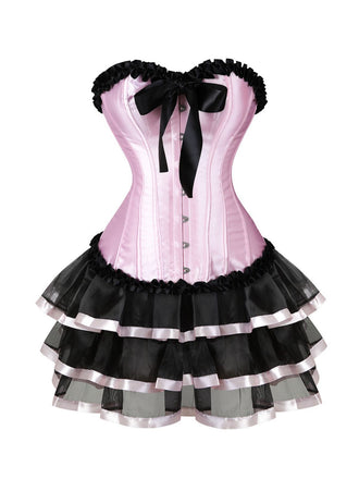 2PCS Black & Pink 1980s Steampunk Strapless Corset & Skirt