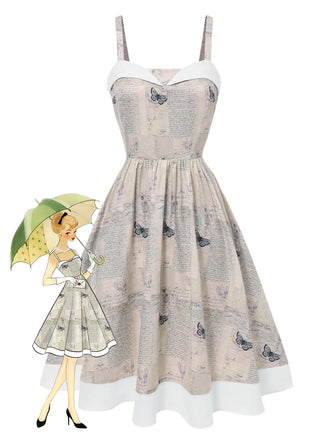 Khaki 1950s Newspaper Butterfly Patchwork Dress
