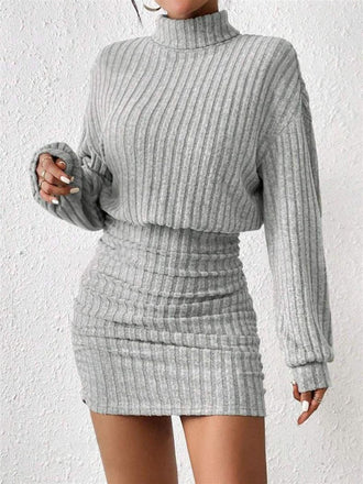 Gray 1960s Ribbed Turtleneck Sweater Bodycon Dress