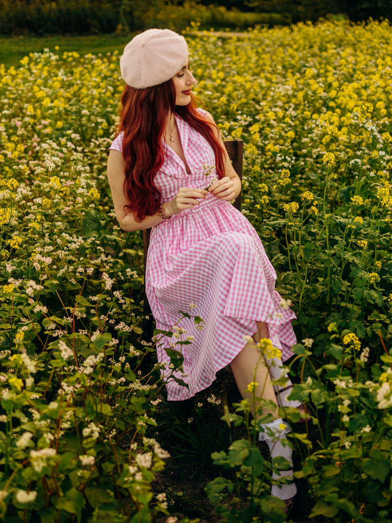 Pink 1940s Gingham Lapel V-Neck Belted Swing Dress