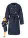 Blue 1940s Double-Breasted Round Neck Trench Coat