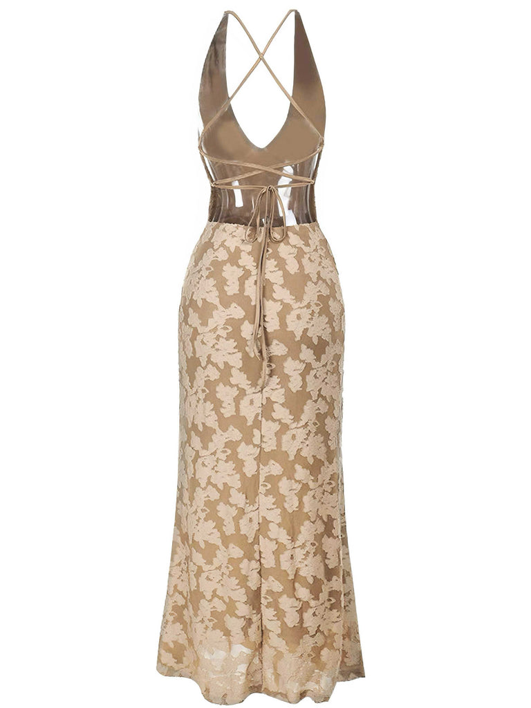 1930s V-Neck Jacquard Floral Backless Dress