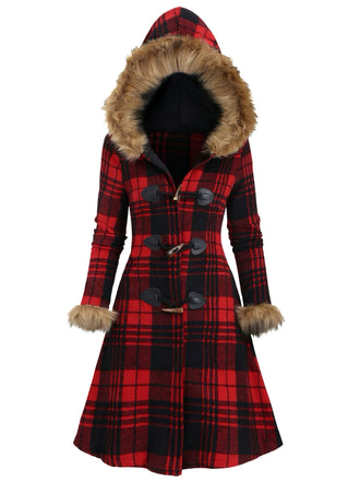 1940s Plaid Toggle Faux Fur Trim Hooded Coat