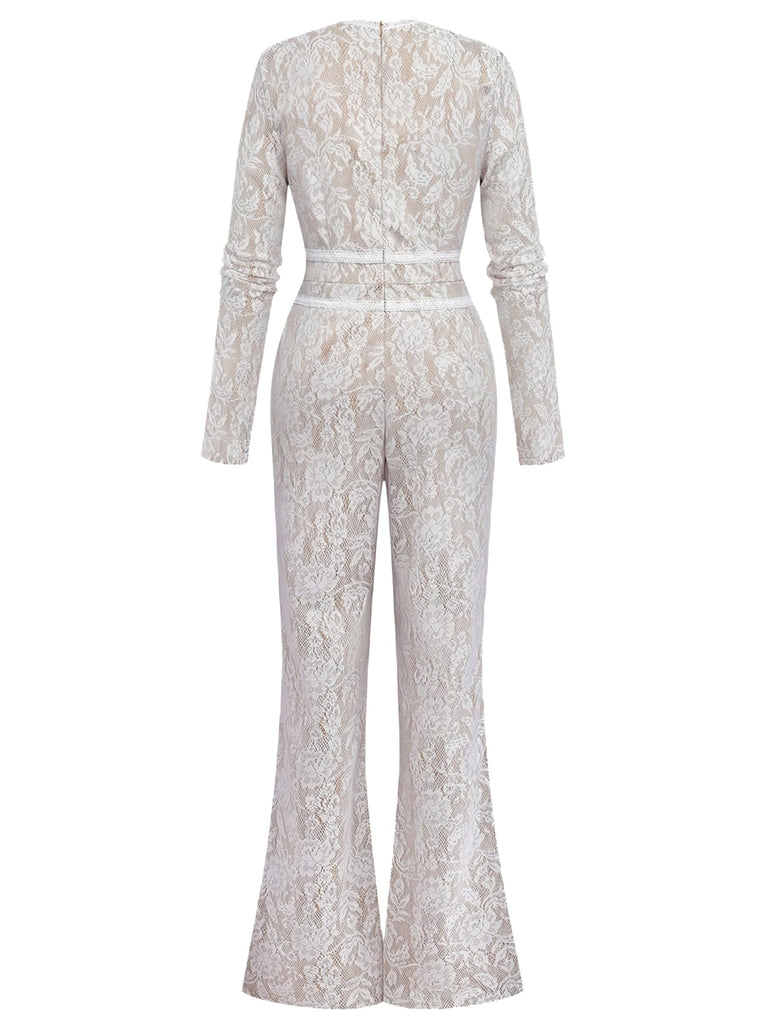 White 1970s Lace Long-Sleeve Flared Legs Jumpsuit
