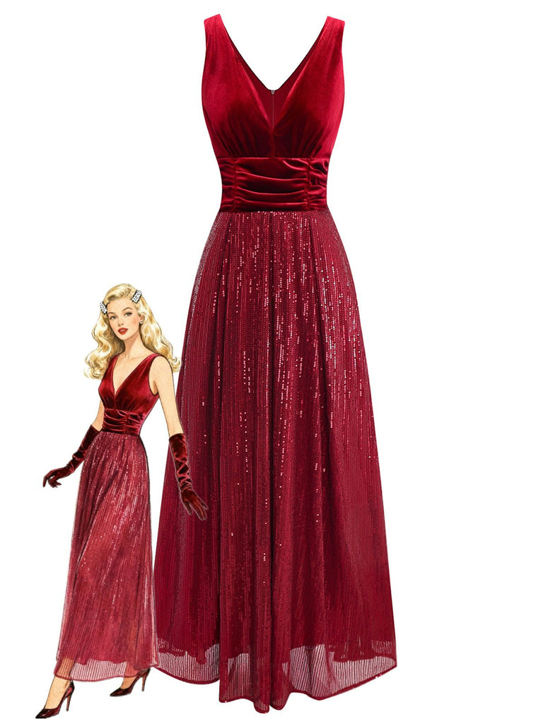 Burgundy 1950s Velvet Sequin V-Neck Maxi Dress
