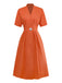 Orange 1940s V-Neck Brooch Button Solid Dress