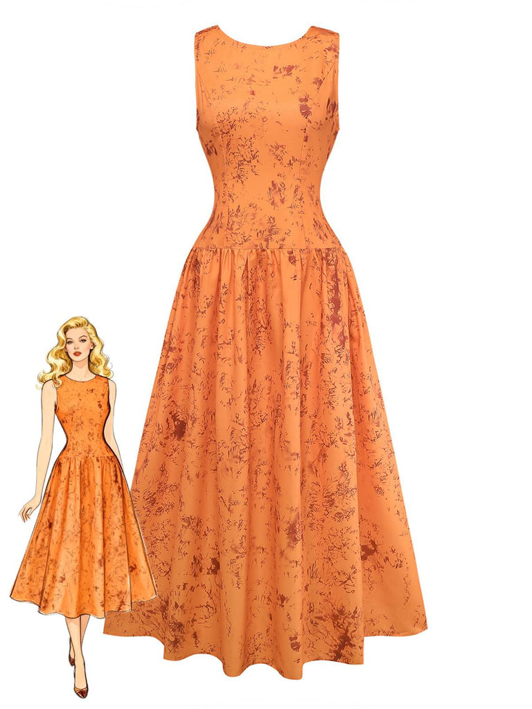 Orange 1930s Cotton Sleeveless Printed Fitted Dress