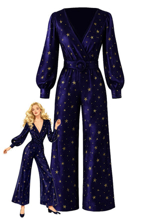 [Pre-Sale] Deep Blue 1950s Star V-Neck Wide-Leg Velvet Jumpsuit
