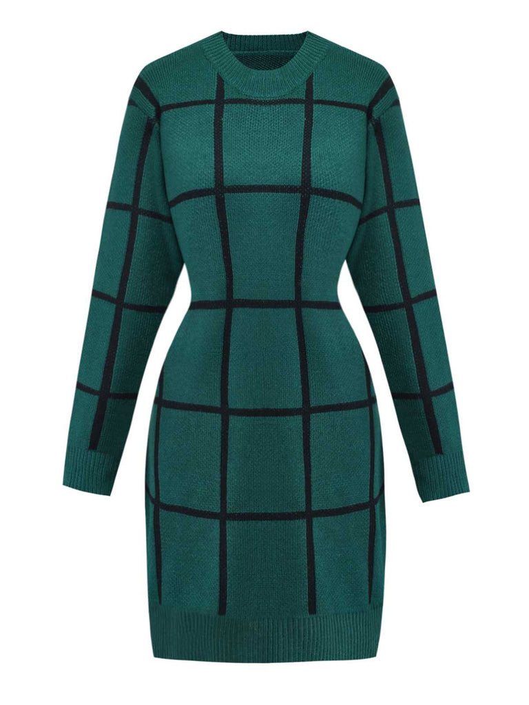 Green 1960s Crew Neck Plaid Knit Sweater Dress