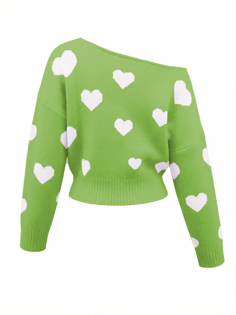 1970s Valentine Heart Asymmetrical Shoulder Pullover Sweater