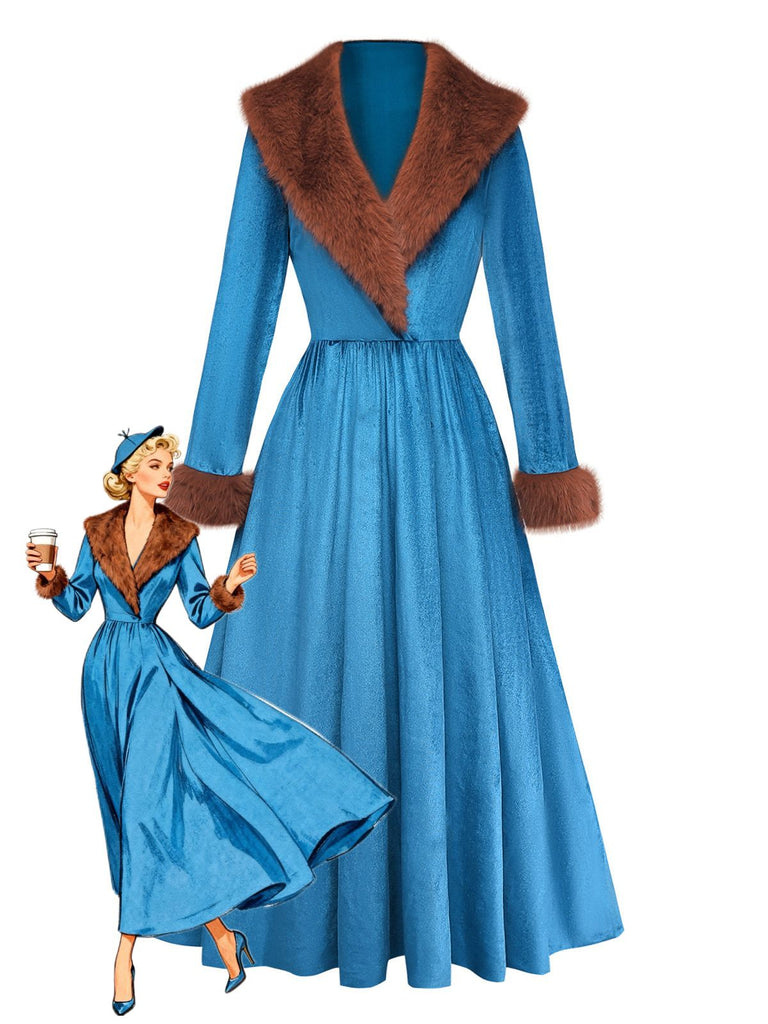 Blue 1980s Fur Collar Patchwork Maxi Dress